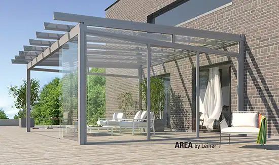 Terrassenglasdachsystem, einseitig an der Fassade montiert.
