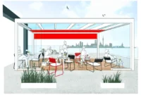 Illustration eines modernen Cafés mit Glasüberdachung und Stadtpanorama