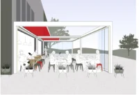 Moderne Outdoor-Terrasse mit rot-weißem Dach und stilvollen Sitzgelegenheiten